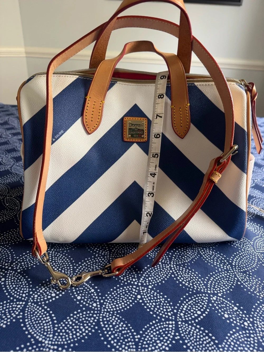Striped Blue and White Dooney and Bourke Satchel with Tan leather Trim